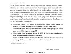 DPD II Komite Nasional Pemuda Indonesia (KNPI) Kota Mataram Beserta Organisasi Kepemudaan (OKP) dan Lembaga Swadaya Masyarakat (LSM) Se NTB Desak Mabes Polri Telusuri Aset Erwin Iskandar. Yang di duga masih di kelola oleh salah satu anaknya yang belum di tangkap.